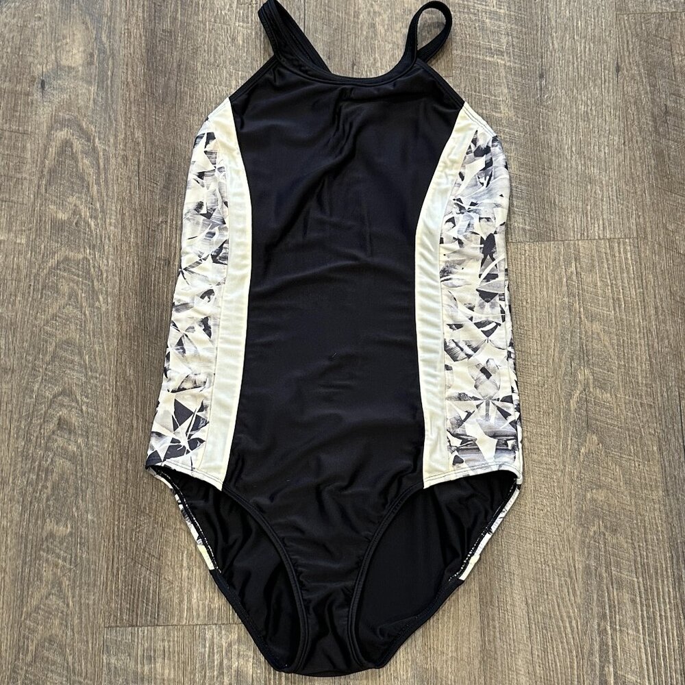 Athleta Racerback One Piece Swimsuit Black Gray White Scoop Back Stretch Sz Med